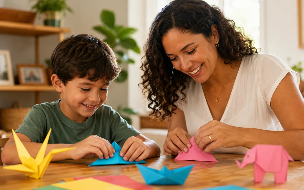 Mãe e filho dobrando origamis juntos na mesa